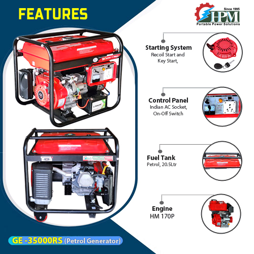 3.2 KVA Portable Light Weight & Powerful Generator, Petrol Run, Recoil & Self Start,  Model GE-3500RS